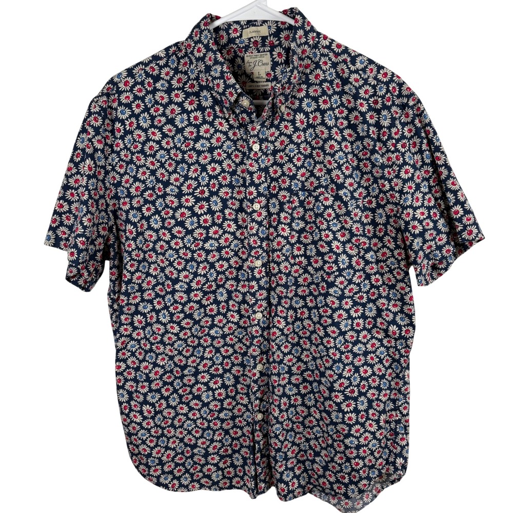 J.Crew Button Down Men's Shirt L Navy Floral Organic Cotton Short Sleeve Preppy